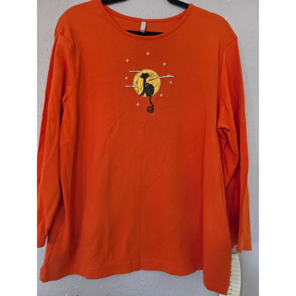 White Stag Halloween Cat Moon Orange Long Sleeve Tee XL 16/18 Fresh Nectarine